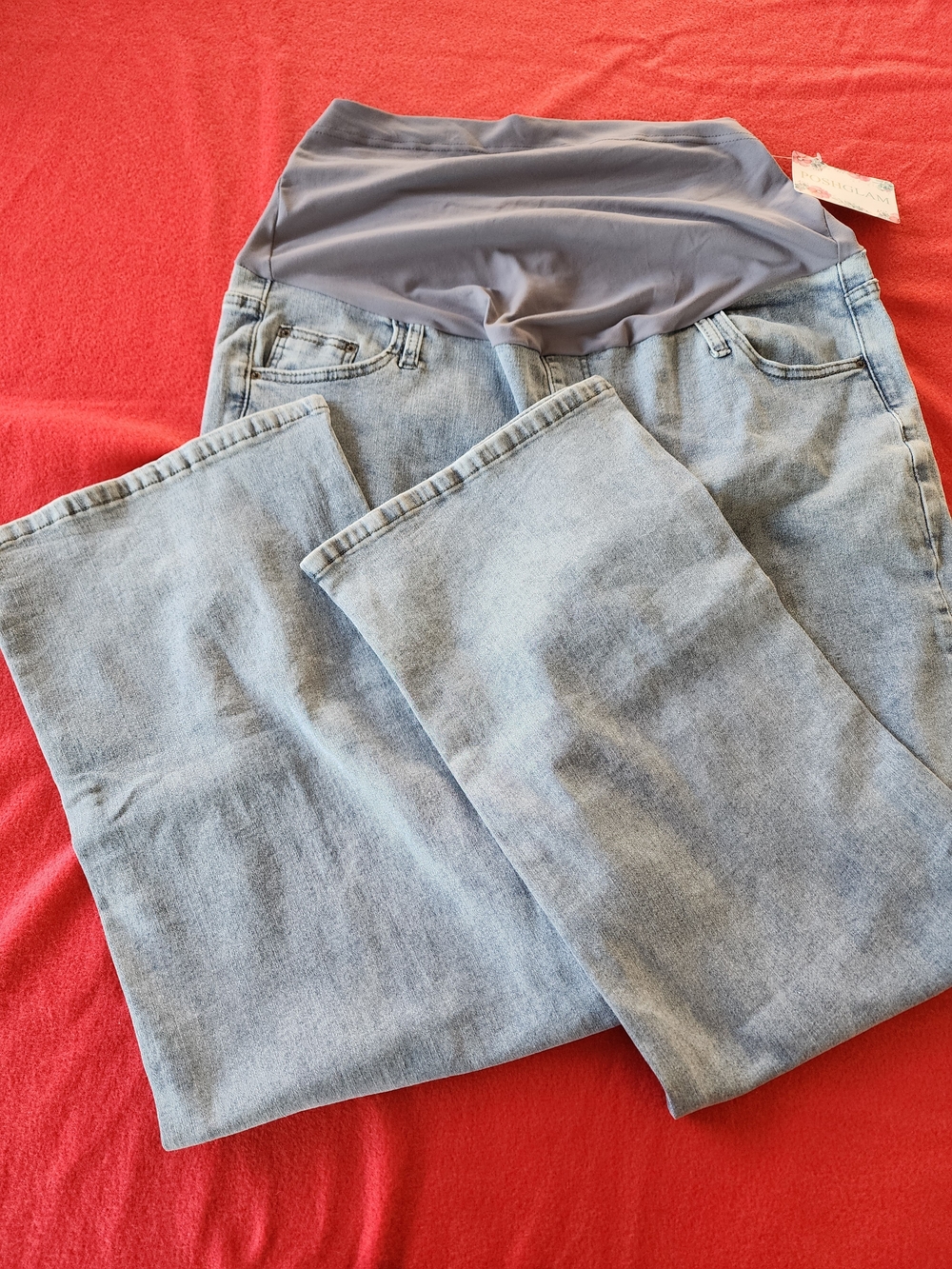 Light Wash Maternity Jeans with Gray Stretch Panel - Poshglam. Size 2X.